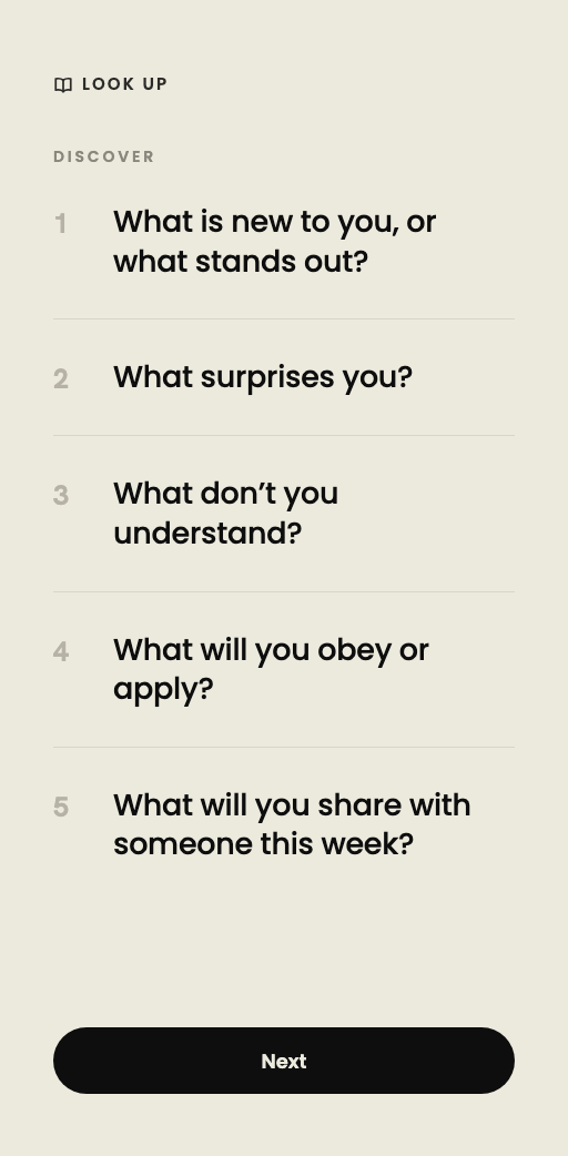 The five discovery questions asked during Look Up